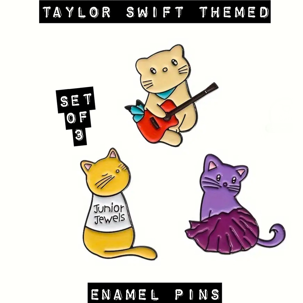Taylor Swift Themed Enamel Pin Set of 3 Eras as Cats Debut, Fearless, etc NEW